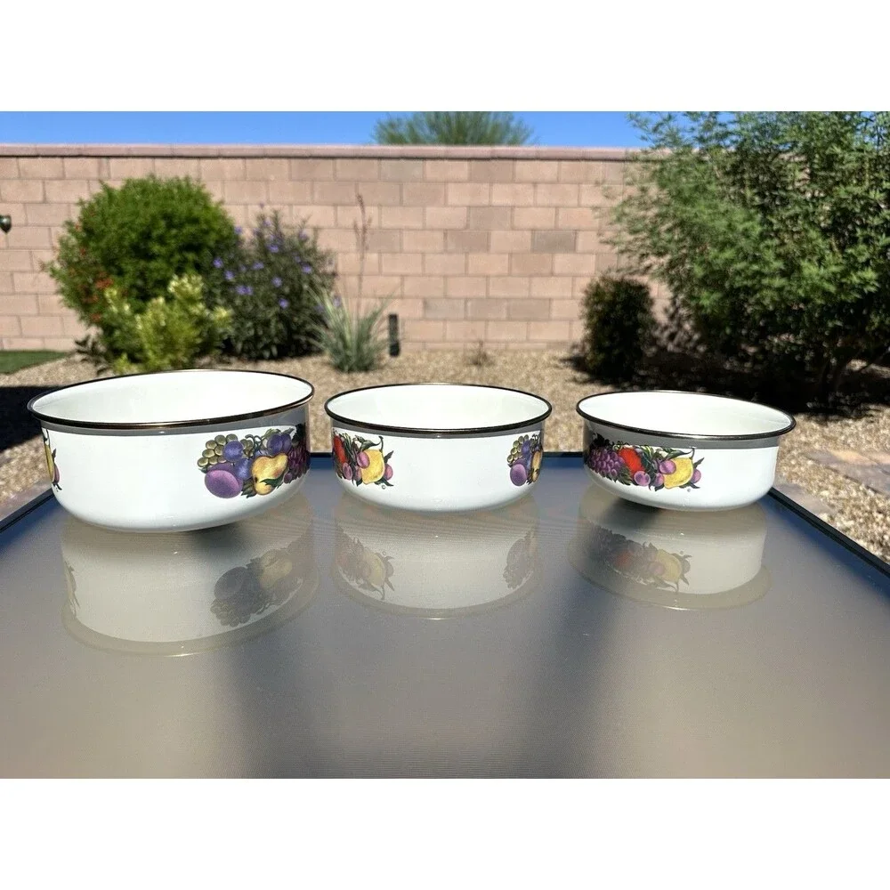 Cornucopia Enamelware Fruit Nesting Mixing Bowls Set Of 3 Enamel Metal